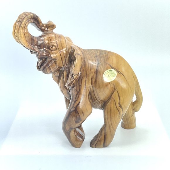 Hand Carved Polished Wooden Lucky Elephant Trunk Up From Holy Land Israel 8” - Picture 2 of 6
